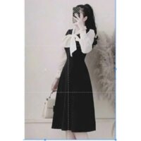 Đầm Thời Trang Nữ Dự Tiệc Chất Umi Phối Tơ Gân Cổ Tim Thắt Nơ Tay Dài Bo Viền Dáng Váy Dài Xoè Maxi Trẻ Trung