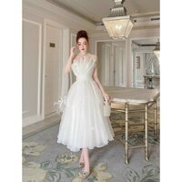 Đầm thời trang nữ dự tiệc sang trọng chất tơ cúp ngực phối bèo dáng váy chữ A xếp ly dài maxi trẻ trung