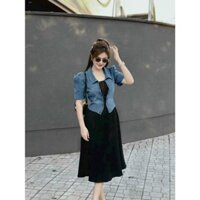 Đầm thời trang nữ dự tiệc sang chảnh kèm áo khoác jean tay ngắn chất thun gân cổ dây không tay dáng dài midi siêu xinh