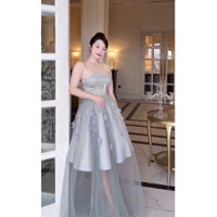 Đầm thời trang nữ dự tiệc sang trọng chất tapta cúp ngực không tay có mút đính hoa dáng váy xoè phối lưới dài maxi