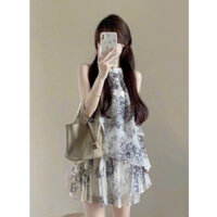 Đầm thời trang nữ dự tiệc sang trọng chất voan hoa cao cấp cổ yếm đầm 3 tầng dáng chữ A dài mini