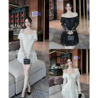 Đầm thời trang nữ dự tiệc siêu sang chảnh đầm ren hoa 2 lớp trễ vai tay dài phối dây nơ ngực dáng váy ngắn mini có lót