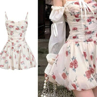 Đầm thời trang Nữ họa tiết hoa dáng ngắn siêu xinh xắn áo 2 dây cúp ngực thắt nơ trễ vai chất voan dày dặn cho nàng