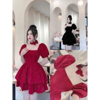 Đầm thời trang nữ mặc chơi Tết chất nhung kim tuyến cổ vuông cúp ngực tay phồng ngắn váy xoè phối tầng kèm thắt nơ cổ Kh