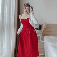 Đầm thời trang nữ mặc đi biển chất đũi lụa 2 dây đỏ maxi kèm áo khoác trắng thun gân