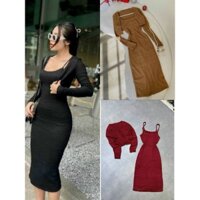 Đầm thời trang nữ mặc đi chơi chất thun ren áo 2 dây phối khoác ngoài tay dài đầm dài ôm body nhẹ nhàng