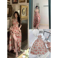 Đầm thời trang nữ mặc đi chơi chất voan hoa màu đỏ chéo eo 2 dây maxi cột dây lưng có mút QC