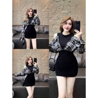 Đầm thời trang nữ mặc đi chơi chất thun gân đen ôm body mix áo liền caro kate tay dài