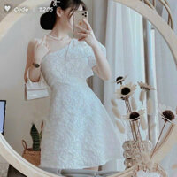 Đầm thời trang nữ mặc đi chơi chất XỐP HOA trắng có mút ngực lệch vai nơ QC