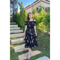 Đầm thời trang nữ mặc đi chơi chất voan hoạ tiết cổ dây trễ vai tay ngắn bo eo dáng dài maxi siêu xinh