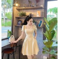 Đầm thời trang nữ mặc đi chơi chất for mềm có mút cổ vuông tay búp phồng váy xoè trên gối
