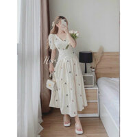 Đầm thời trang nữ mặc đi chơi cổ tim tay phồng ngắn cột dây nơ sau chất vải Lụa ý ép bông cao cấp,