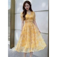 *Đầm thời trang nữ mặc đi chơi chất voan hoa cổ V có mút đính cườm tay ngắn phồng bo eo dáng dài maxi siêu xinh