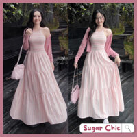 Đầm thời trang nữ mặc đi chơi chất linine cao cấp sọc caro cổ yếm dây váy maxi kèm khoác borip hồng tay dài một màu M23