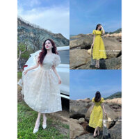 Đầm thời trang nữ mặc đi chơi chất xô bông hột cổ tròn tay búp phồng váy dài qua gối màu nu