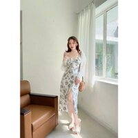 Đầm thời trang nữ mặc đi chơi chất lụa cổ dây không tay kèm áo khoác voan dáng dài maxi siêu xinh