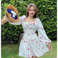 Đầm thời trang nữ mặc đi chơi chất vải xốp nhún váy xoè tay phồng xếp ly ngực,