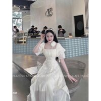 Đầm thời trang nữ mặc đi chơi chất liệu tơ xốp y mẫu cổ vuông cài hoa hồng tay ngắn 2 tần ôm eo xòe đuôi cá