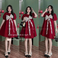 Đầm thời trang nữ mặc đi chơi Tết chất Nhung mịn babydoll báy xoè phồng tay ngắn màu đỏ đính nơ ren to QC