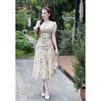 *Đầm thời trang nữ mặc đi dự tiệc chất tơ hàn cổ tròn có mút tay ngắn bo eo váy xoè chữ A dáng maxi siêu dễ thương