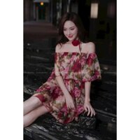*Đầm thời trang nữ mặc đi dự tiệc chất voan hoa cổ trễ vai tay ngắn bo eo váy xoè 3 tầng có lót dáng mini siêu xinh