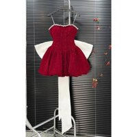 Đầm thời trang nữ mặc đi dự tiệc chất nhung kim tuyến cổ 2 dây không tay đính nơ đá váy chữ A dáng mini siêu xinh