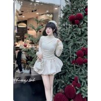 Đầm thời trang nữ mặc đi dự tiệc chất len ren cổ tròn tay dài đính hoa váy xoè tùng bí dáng ngắn mini siêu xinh