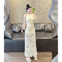 Đầm thời trang nữ mặc đi tiệc chất ren cổ yếm không tay hở lưng váy 2 lớp xẻ tà dài dáng maxi siêu xinh