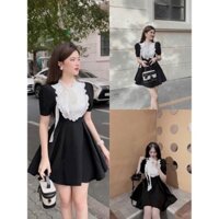 Đầm thời trang nữ mango phối bèo voan cổ tròn thắt nơ tay ngắn búp bê dáng váy ngắn xoè trẻ trung