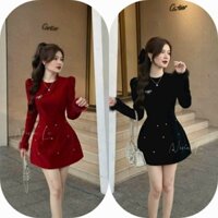 Đầm thời trang nữ màu đỏ đen cổ tròn tay áo dài chất vải nhung cứng kèm phụ kiện,