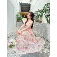 *Đầm thời trang nữ phối dây tiểu thư chất Đầm voan hoa dập ly dáng váy ôm body dài maxi tôn dáng