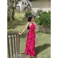 *Đầm thời trang nữ sang chảnh đi chơi chất voan phối bèo áo cổ yếm bèo tầng dán váy chữ A dài maxi trẻ trung