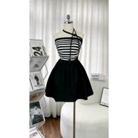 *Đầm thời trang nữ sang chảnh đi chơi chất tuyết nhung áo cổ dây có đính 3 hoa có mút dáng váy xoè dài mini