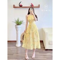 *Đầm thời trang nữ sang chảnh đi tiệc chất voan hoa dập ly 2 lớp cổ yếm phối hoa xoan nhún bèo nhiều lớp công chúa dài