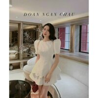 Đầm thời trang nữ sang chảnh đi chơi chất tapta áo cổ vuông tay ngắn phối phồng khoét vai dáng váy chữ A xếp tần dì mini