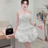 Đầm thời trang nữ thiết kế mới vải tapta 2 dây cúp ngực đính đá phối hoa lông mặc đi dự tiệc cực sang trọng