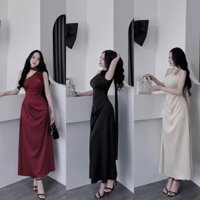 Đầm thời trang nữ thiết kế sang chảnh, tôn dáng đầm tuyết nhung chéo hở vai kết hợp đính hoa dáng váy đuôi cá dài maxi