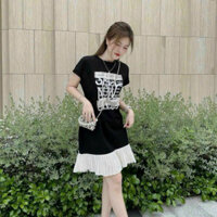 Đầm thời trang nữ thun gân phối lụa dập ly in hình váy suông màu đen mặc đi dạo phố dễ thương xinh xắn Shop NiNi BOUTIQU