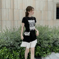 Đầm thời trang nữ thun gân phối lụa dập ly in hình váy suông màu đen mặc đi dạo phố dễ thương xinh xắn Lisa C