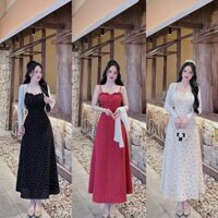Đầm thời trang Nữ vải lụa mịn mát 2 dây viền bèo ngực váy dài xòe họa tiết chấm bi kèm khoác ngoài chất thun giấy