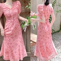 Đầm thời trang voan in hoa nhí dáng dài qua gối cổ V cột dây tay ngắn nhún ngực trẻ trung dịu dàng