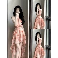 Đầm thời trang xinh xắn dịu dàng chất voan hoa mát mẽ xịn mịn cổ yếm tà váy dài xoè thích hợp đi biển du lịch