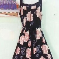 Đầm thun 2 dây xanh hoa hồng