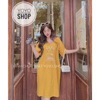 Đầm thun bầu bigsize dáng suông xẻ tà form dài dưới 70kg gấu bear vàng