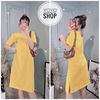 Đầm thun bầu bigsize dáng suông xẻ tà form dài dưới 75kg đan dây LA màu xanh