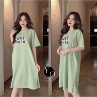 Đầm thun bầu dáng suông bigsize nữ tay lỡ cổ tròn xẻ tà form từ 50-75kg in walk vàng YoYo