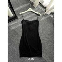 Đầm thun body ngắn 2 dây đen basic URATV
