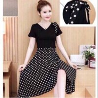 đầm thun chấm bi vải phi lụa chỉ 120k