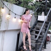Đầm thun cotton in chữ phối tà bèo