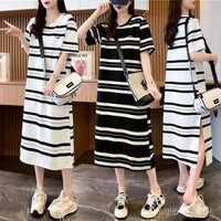 Đầm Thun Cotton Nguyên Chất Dáng Rộng Dài Qua Gối Tay Ngắn Kẻ Sọc Ngang Thời Trang Mùa Hè 2023 Mới Cho Nữ